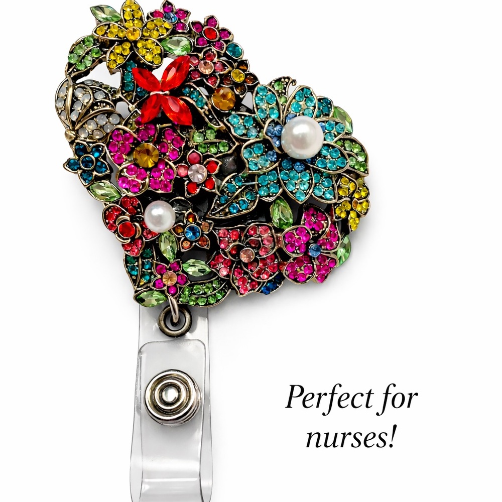Gorgeous heart shaped multi colored jewel badge holder